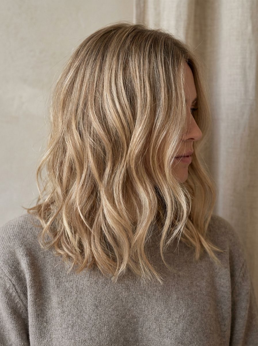 Blonder Stufenschnitt mit feinen Babylights - Stufenschnitt mittellang blond
